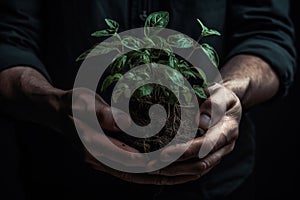 Man hands holding a green young plant, Minimalist Shot using a Hasselblad camera, Crystal clear feel. Soft shadows