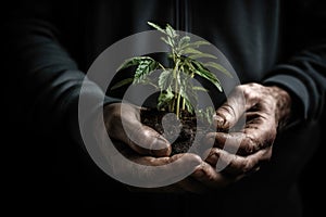 Man hands holding a green young plant, Minimalist Shot using a Hasselblad camera, Crystal clear feel. Soft shadows