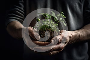 Man hands holding a green young plant, Minimalist Shot using a Hasselblad camera, Crystal clear feel. Soft shadows