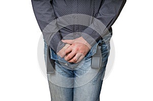 Man with hands holding his crotch, he wants to pee, incontinence
