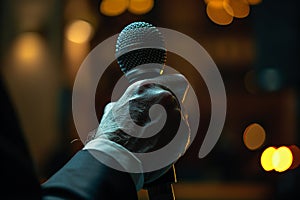 Man hands holding microphone on stand, Professional Media interview