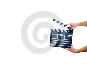 Man hands holding movie clapper isolated on white background.