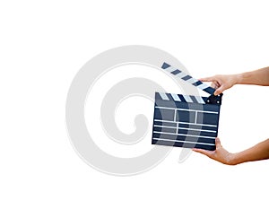 Man hands holding movie clapper isolated on white background. Shown slate board. use the colors white and black.