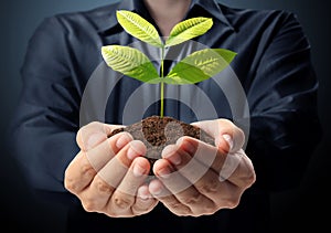 Man hands holding plant