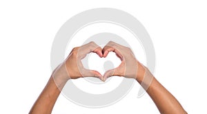 Man hands making a heart shape on a white  background