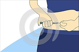 Man hands making subcutaneous insulin injection into abdomen with pen or syringe and empty space for text. Concept flat style photo