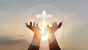 Man hands palm praying and worship of cross, eucharist therapy bless god helping, hope and faith, christian religion concept