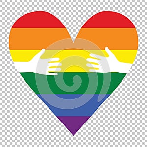 Man hands patterned as the rainbow flag forming a heart, symbolizing gay love vector