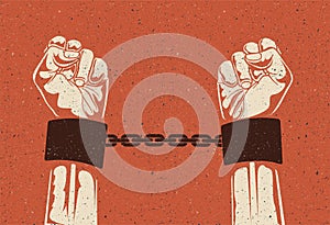 Man hands in strained steel handcuffs. Imprisoned hands in chains. Prisoners hands. Vintage styled vector illustration.