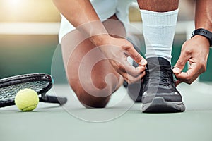 Man, hands and tying shoes on tennis court getting ready for sports match, game or competition. Hand of male person or