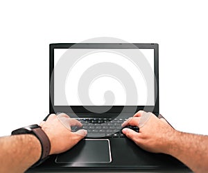 Man hands typing on a laptop computer with blank screen  on white background, copy space