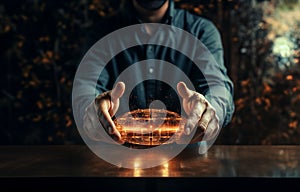 Man hands using cybersecurity interface on empty space for. Generative AI