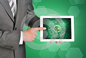 Man hands using tablet pc. Earth and business