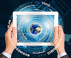 Man hands using tablet pc. Earth and business