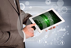 Man hands using tablet pc. Image of business