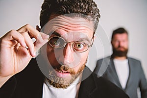 Man handsome bearded guy wear eyeglasses. Eye health and sight. Optics and vision concept. Smart glance. Accessory for