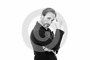 Man handsome confident mature fashion model wear fashionable suit on white background. Ways to accessorize your suit