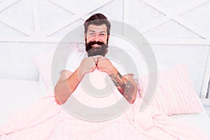 Man handsome guy in bed. Enough amount sleep every night. Tips sleep better. Bearded man relaxing on pillow. Circadian