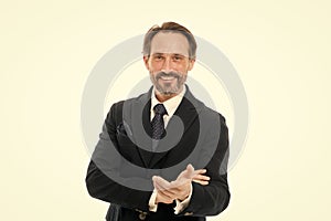 Man handsome mature fashion model wear fashionable suit on white background. Bespoke suit flatters every wearer. Suit photo
