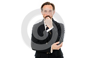 Man handsome mature fashion model wear fashionable suit on white background. Perfect suit for every type of guy. Bespoke