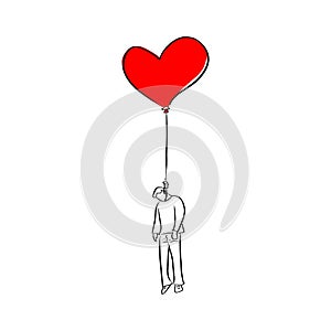 Man hanged on red heart shape balloon vector illustration sketch doodle hand drawn with black lines isolated on white background.