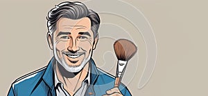 Man happily holding makeup brush with smile and gesturing