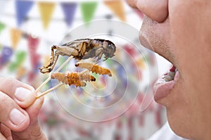 Man happy opening his mouth eating Bamboo Worms and Crickets insect on wooden skewer. Food Insects for eat as food items, it is