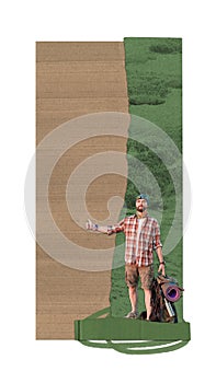 Man, happy tourist with backpack, catching car. Hiking, camping, summertime activity in nature. Contemporary art collage