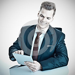 Man happy using tablet or i Pad