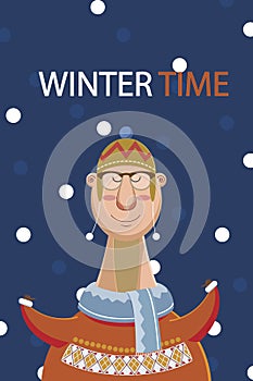 Man Happys winter time on snow background. vector illustration