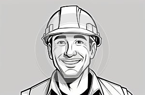 Man in hard hat smiling in black and white drawing with sports equipment