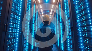 a man in a hard hat is standing in a server room