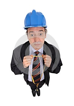 Man with hard hat and tape