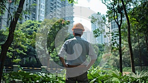 A man in a hardhat surveys his handiwork towering over a sprawling park that he has singlehandedly transformed from a