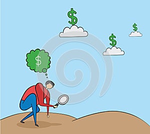 Man has a magnifying glass in hand and is looking for money on the floor. But all the money`s on the clouds
