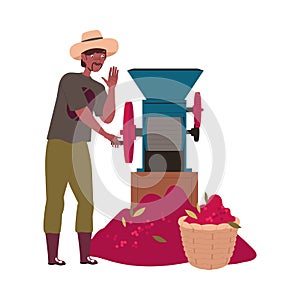 Man in Hat Hulling Coffee Crop in Machine Vector Illustration