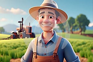 Man in Hat and Overalls Standing in Field. Generative AI.