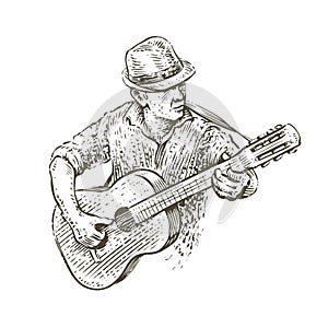 Man in hat playing guitar. Country music sketch in vintage style