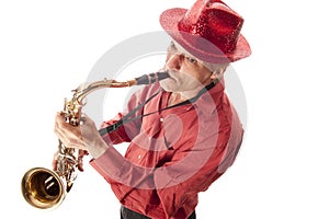 Man with hat playing saxophone