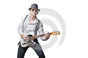 Man with hat plays electric guitar