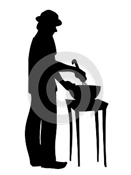 Man in hat prepares food. Guy standing, stirring ingredients in bowl. Vector illustration of black silhouette of man