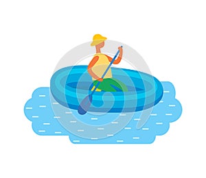 Man in Hat Swimming on Inflatable Rubber Boat