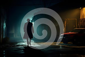 Man in a hat and trenchcoat strolls down an urban alley near parked cars, AI-generated.