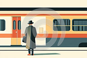 A man in a hat waiting for a train at the station, a flat design illustration in a vector style. Generative AI.