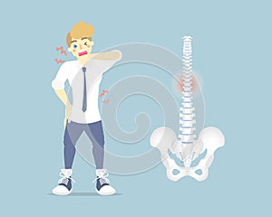 Man having back pain, backache, neck, upper, lower, waist pain,  anatomy of human spine, health care symptoms orthopedic concept