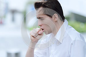 Man is having a cough caused by pollen allergy