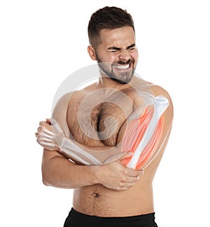 Man having elbow pain on white background. Digital compositing with illustration of arm bones