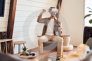 Man having fun with virtual reality headset