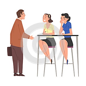 Man Having Job Interview, Girls Talking with Candidate, Recruitment and Employment Service Process Vector Illustration