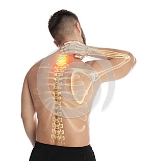 Man having neck pain on white background. Digital compositing with illustration of spine